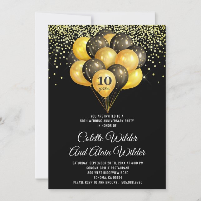 Gold Black 10th Wedding Anniversary Invitation (Front)