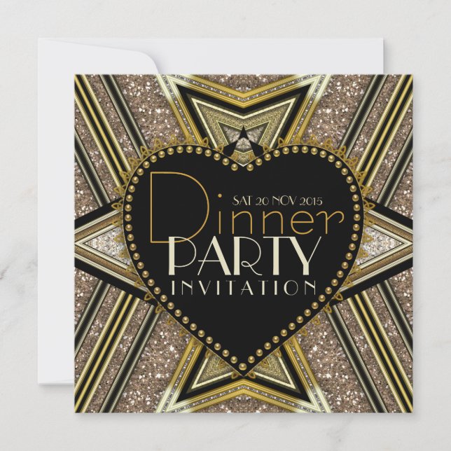 Gold Black 1920 Art Deco Dinner Party Invitations (Front)