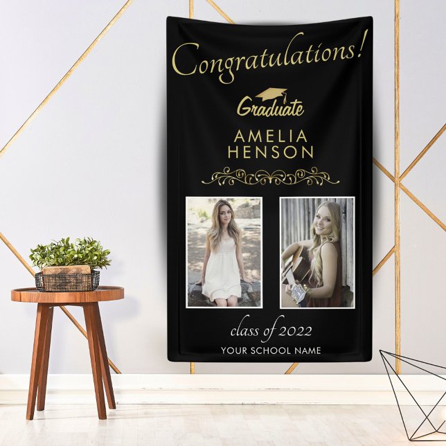 Gold Black 2022 Graduate 2 Photo Graduation Party Banner (Creator Uploaded)