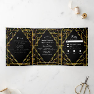 Gold Black 20's Deco Elegant Trifold Wedding 