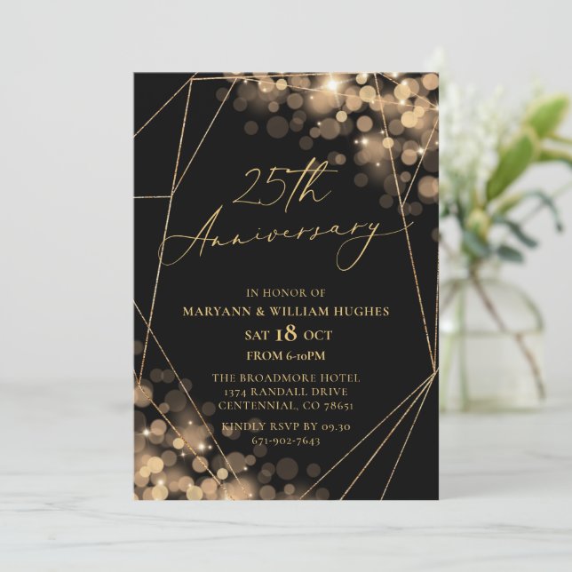 Gold & Black 25th Wedding Anniversary  Invitation (Standing Front)