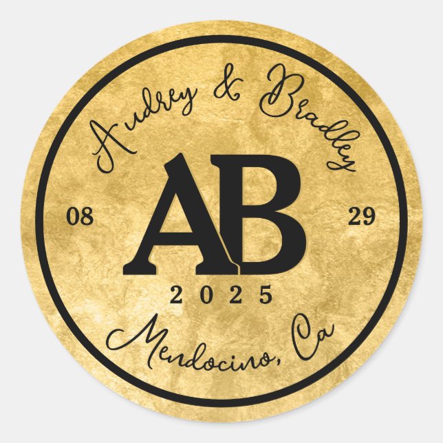 Gold Black 2 Letter Monogram Wedding Classic Round Sticker (Front)