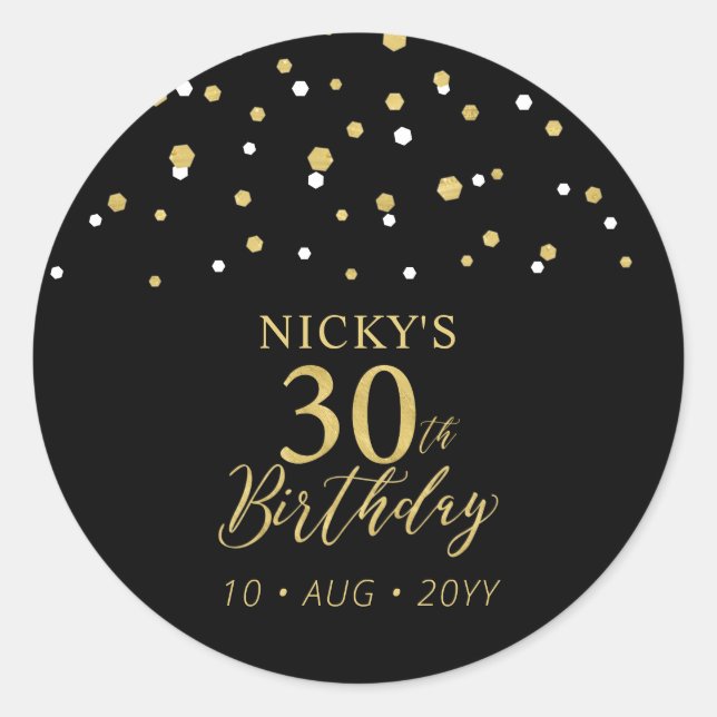 Gold & Black 30th Birthday Favour Thank you Classic Round Sticker (Front)