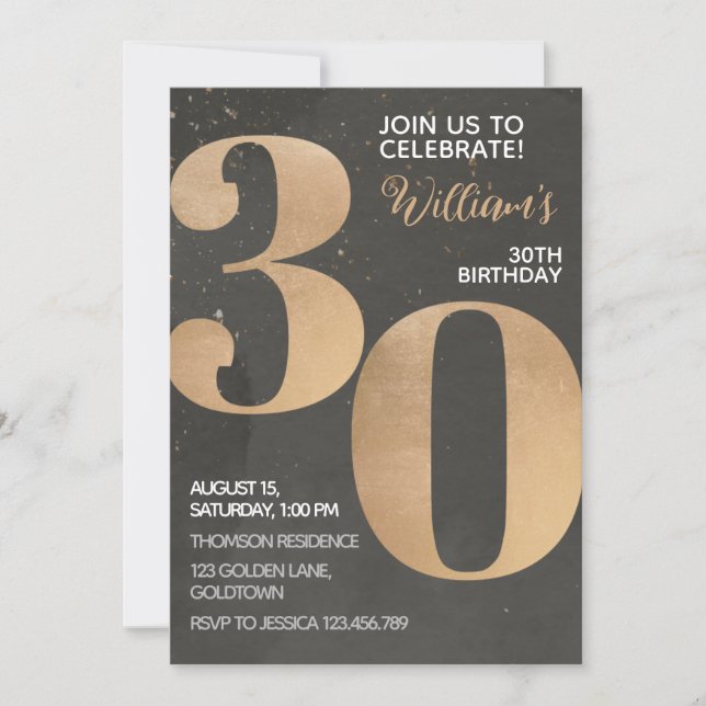 Gold Black 30th Birthday Invitation (Front)