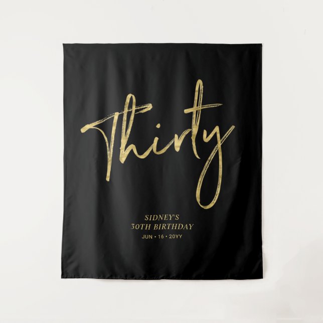 Gold & Black 30th Birthday Party Backdrop Tapestry (Front)