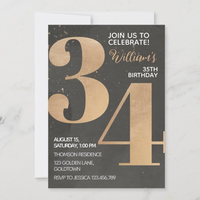 Gold Black 34th Birthday Invitation (Front)