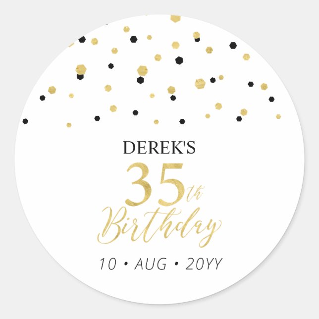 Gold & Black 35th Birthday Favour Thank you Classic Round Sticker (Front)
