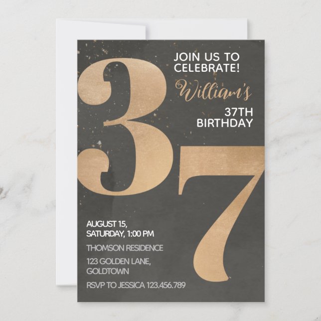 Gold Black 37th Birthday Invitation (Front)