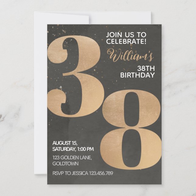 Gold Black 38th Birthday Invitation (Front)