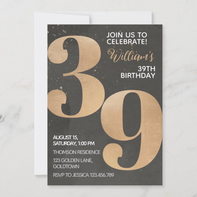 Gold Black 39th Birthday Invitation (Front)