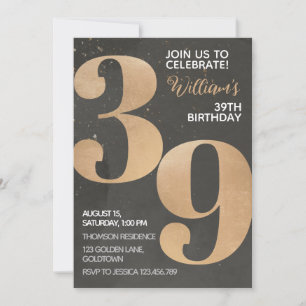 Gold Black 39th Birthday Invitation