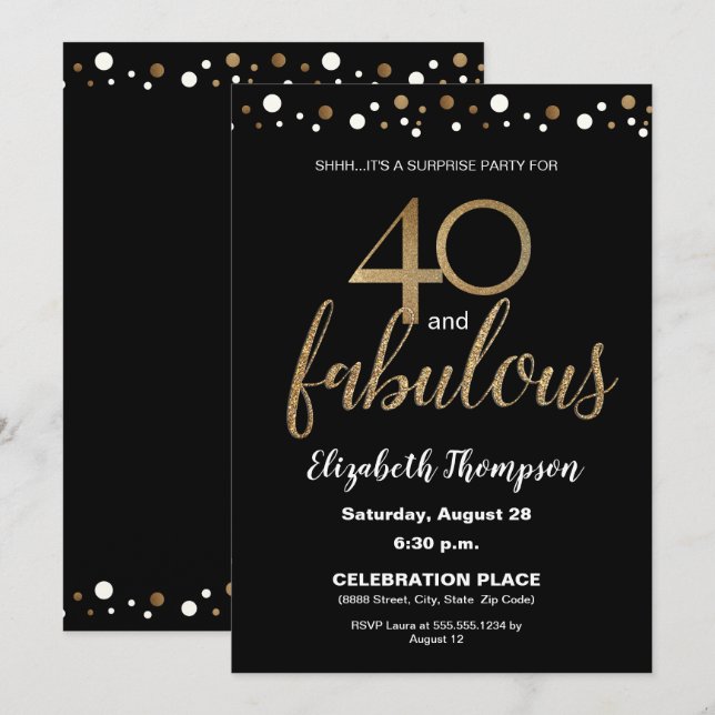 Gold Black 40 and fabulous Surprise Birthday Party Invitation (Front/Back)