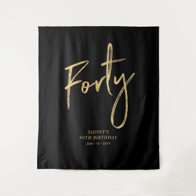 Gold & Black 40th Birthday Party Backdrop Tapestry (Front)
