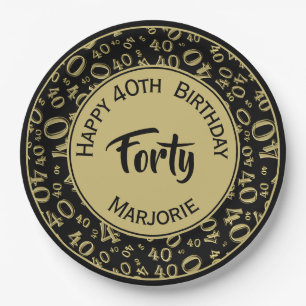 Gold/Black 40th Birthday Party Number Pattern Paper Plate
