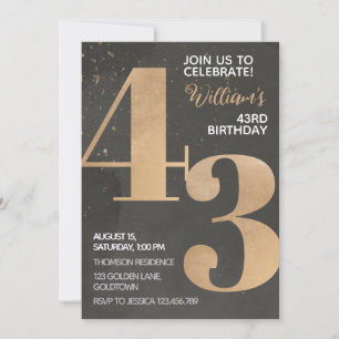 Gold Black 43rd Birthday Invitation