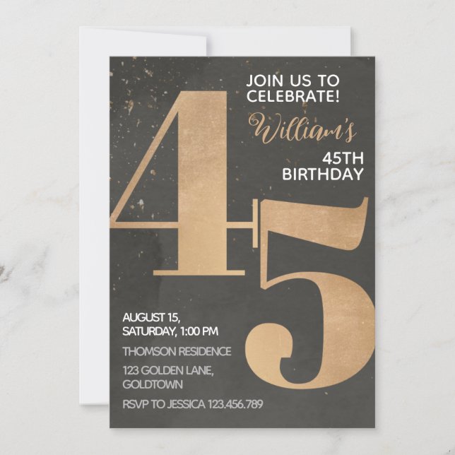 Gold Black 45th Birthday Invitation (Front)