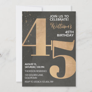 Gold Black 45th Birthday Invitation