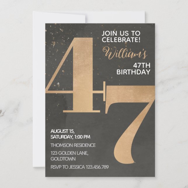 Gold Black 47th Birthday Invitation (Front)