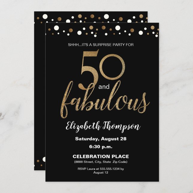 Gold Black 50 and fabulous Surprise Birthday Party Invitation (Front/Back)