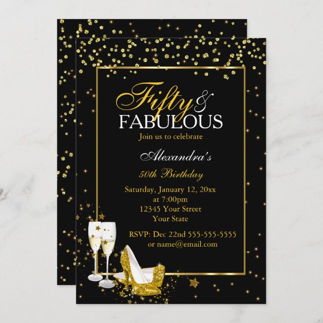 Gold Black 50 Fabulous Birthday champagne party Invitation (Front/Back)