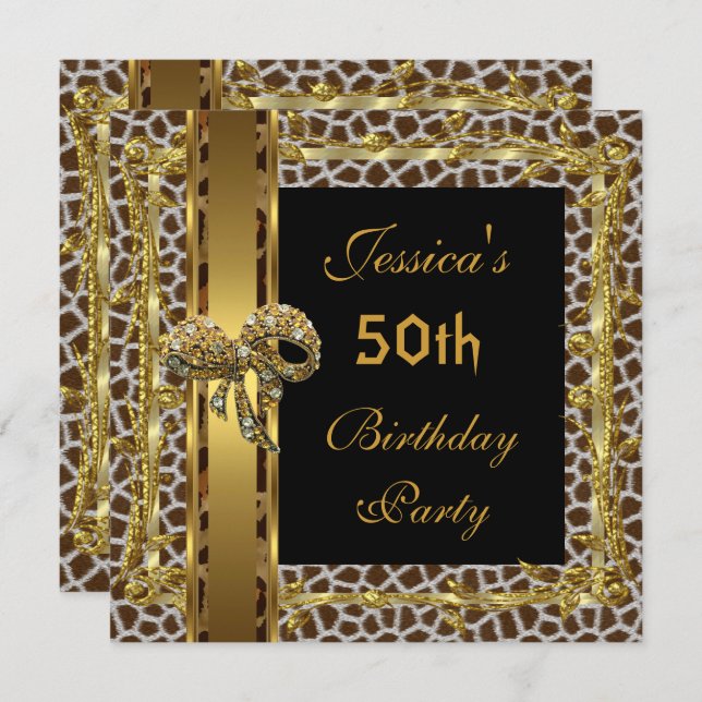 Gold Black 50th Birthday Animal Wild Elegant 3 Invitation (Front/Back)
