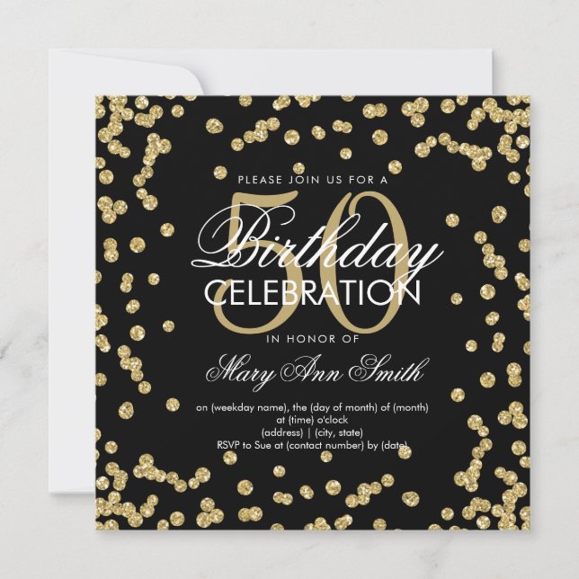 Gold Black 50th Birthday Elegant Glitter Confetti Invitation (Front)