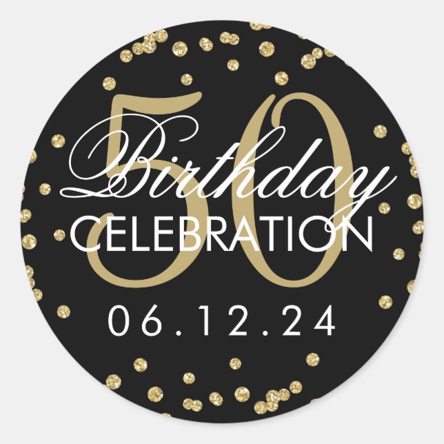 Gold Black 50th Birthday Faux Glitter Confetti Classic Round Sticker (Front)