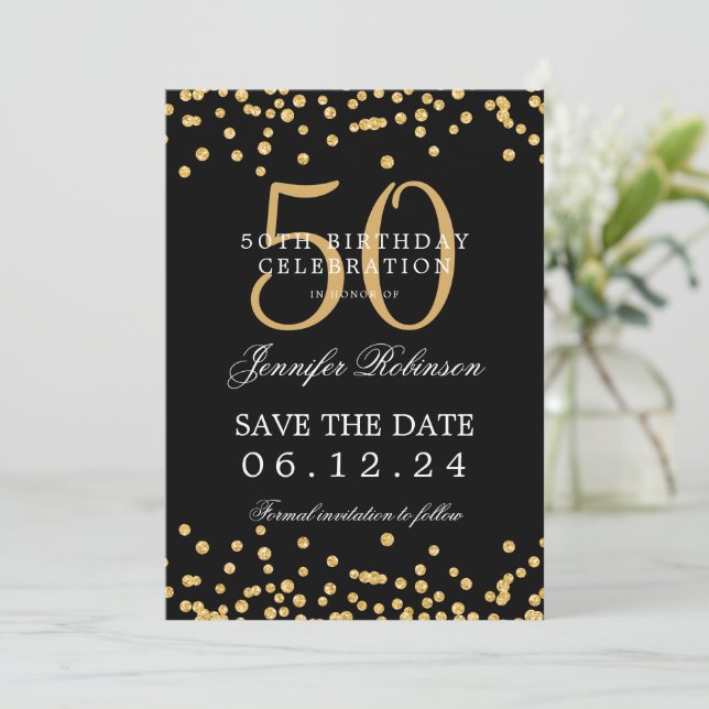Gold Black 50th Birthday Save the Date & Details Invitation (Standing Front)