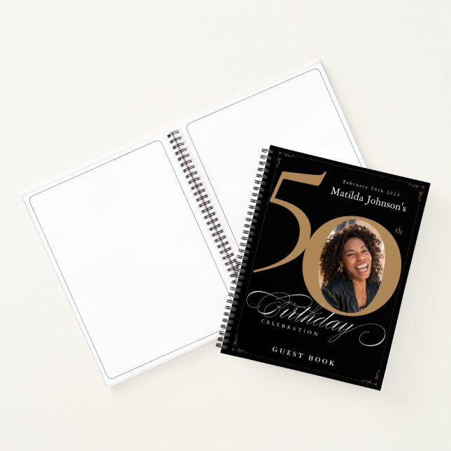 Gold Black 50th Birthday Script Elegant Guestbook Notebook (Inside)