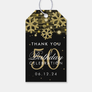 Gold Black 50th Birthday Thank You Winter Glitter Gift Tags