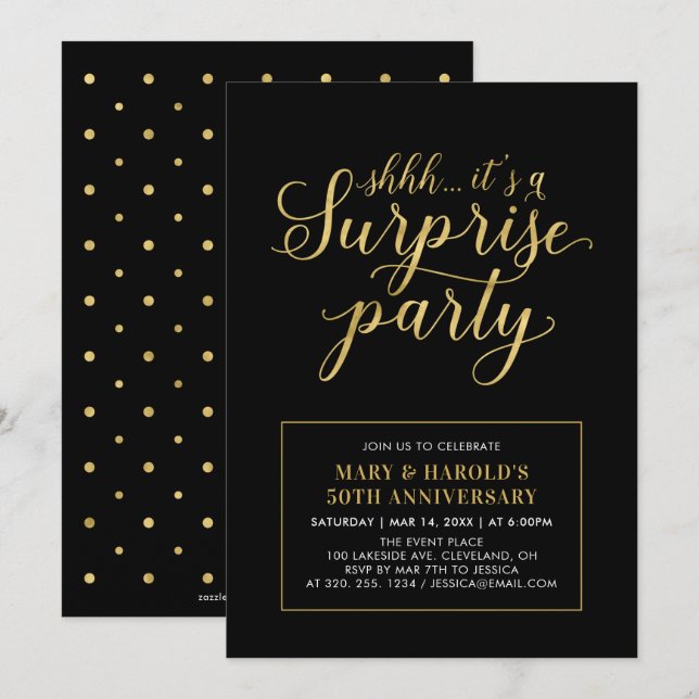 Gold & Black | 50th Surprise Wedding Anniversary Invitation (Front/Back)