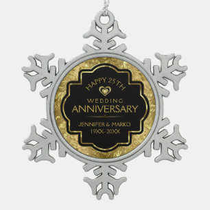 Gold Black 50th Wedding Anniversary Snowflake Pewter Christmas Ornament