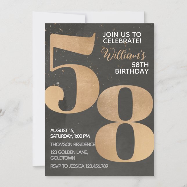 Gold Black 58th Birthday Invitation (Front)