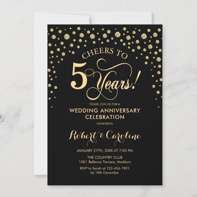 Gold Black 5th Anniversary Celebration Invitation (Front)