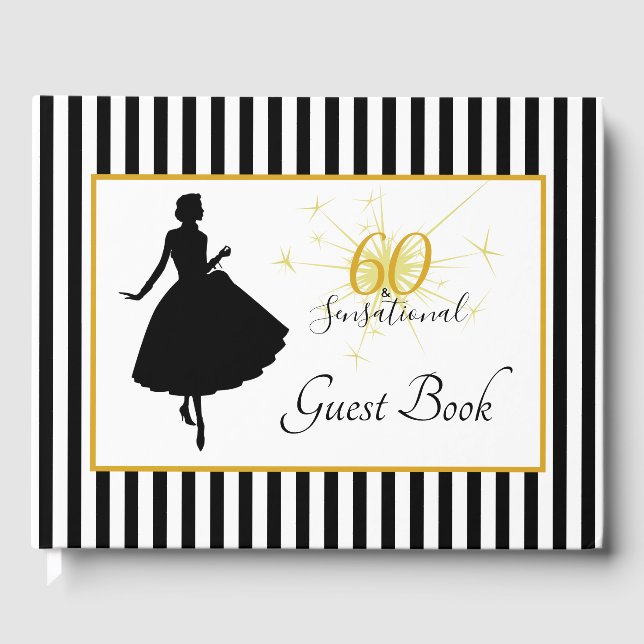 Gold Black 60 & SENSATIONAL Birthday Party Guest Book (Front)