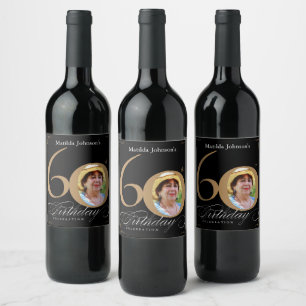 Gold Black 60th Birthday Elegant Calligraphy Photo Wine Label
