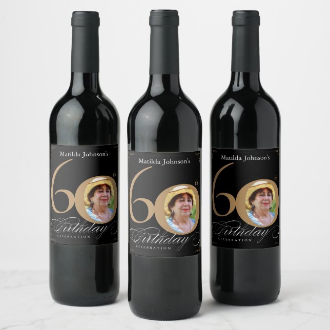 Gold Black 60th Birthday Elegant Calligraphy Photo Wine Label (Bottles)