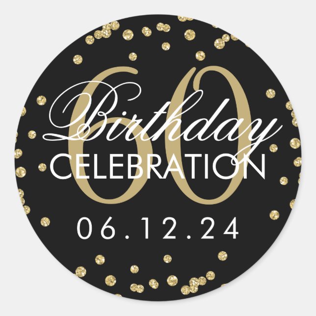 Gold Black 60th Birthday Faux Glitter Confetti Classic Round Sticker (Front)