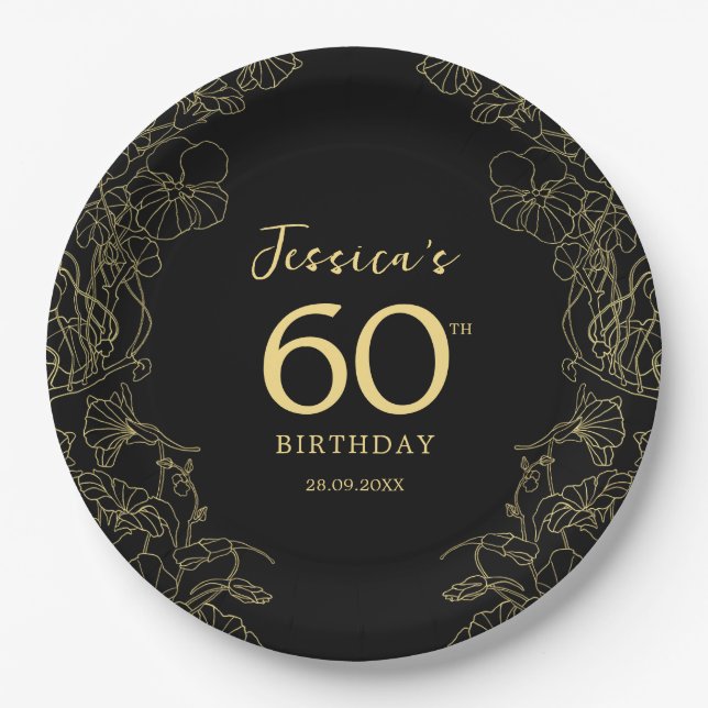 Gold Black 60th Birthday Paper Plate (Front)