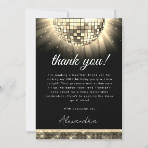 Gold Black 60th Birthday Party 70's Disco Ball Thank You Card