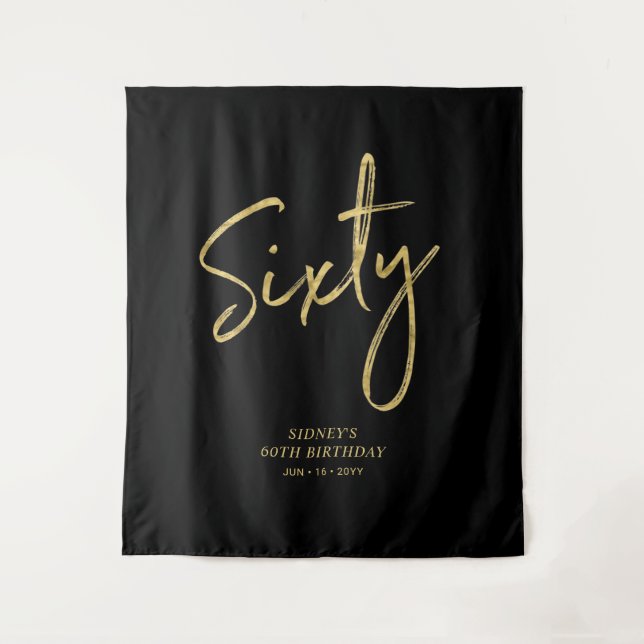 Gold & Black 60th Birthday Party Backdrop Tapestry (Front)