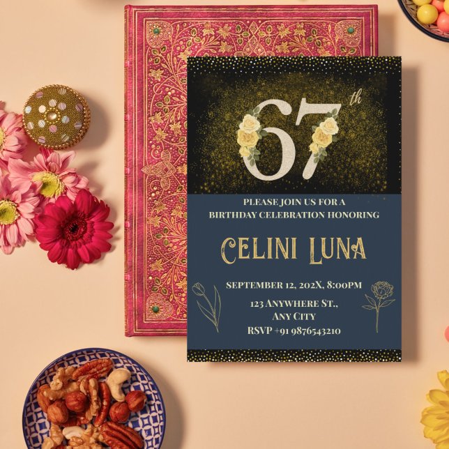 Gold & Black 61st–69th Birthday Party Invitations (Gold & Black 67th Birthday Invitations)