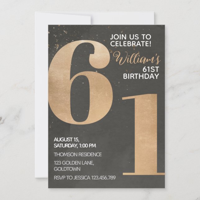 Gold Black 61st Birthday Invitation (Front)