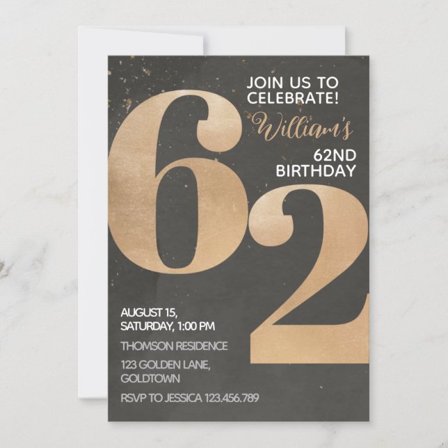 Gold Black 62nd Birthday Invitation (Front)