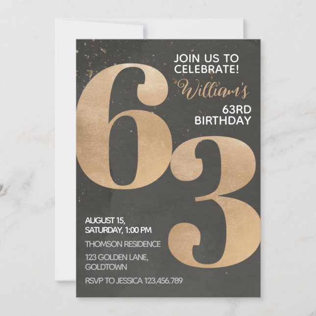 Gold Black 63rd Birthday Invitation (Front)