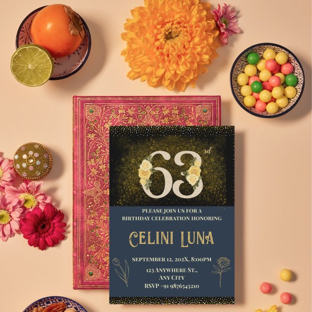 Gold & Black 63rd Birthday Invitations (Gold & Black 63rd Birthday Invitations)