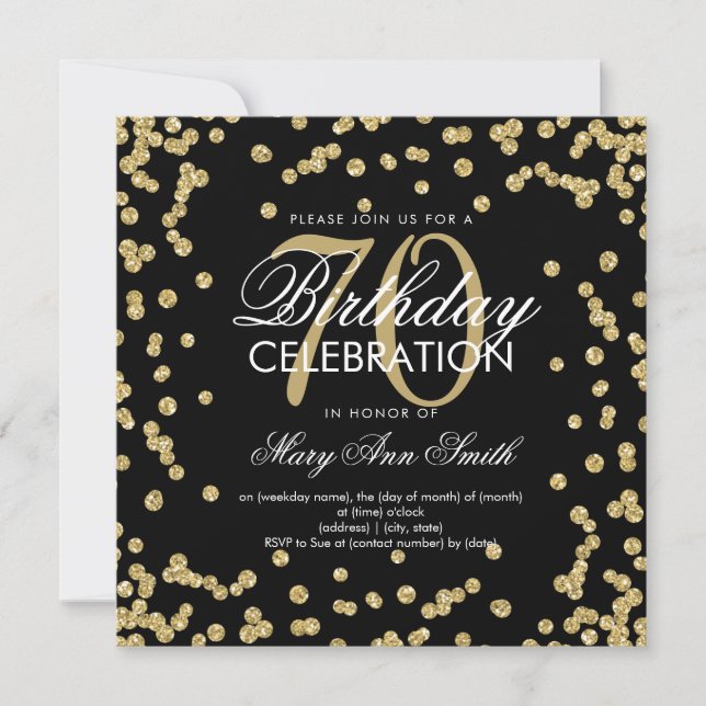 Gold Black 70th Birthday Glitter Confetti Invitation (Front)