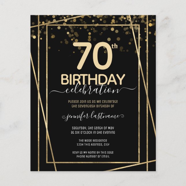 Gold Black 70th Birthday Party Budget Invitation (Front)
