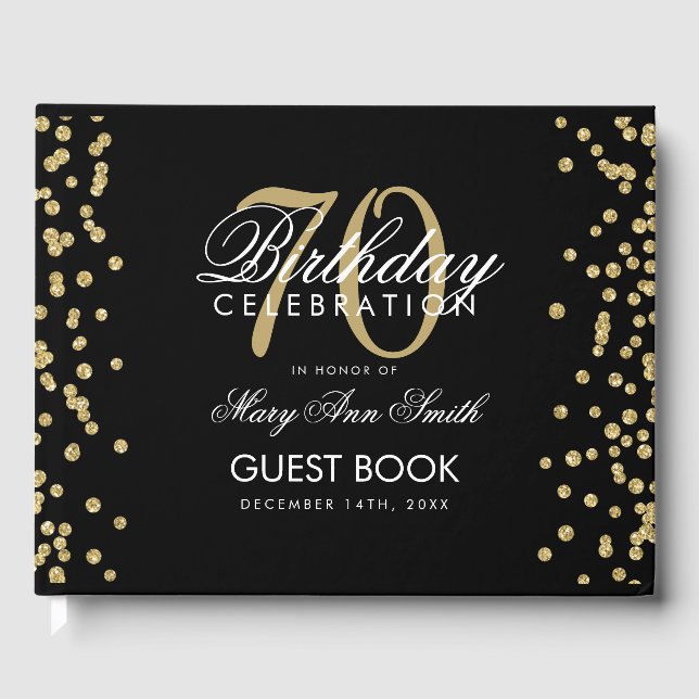 Gold Black 70th Birthday Party Glitter Confetti Guest Book (Front)