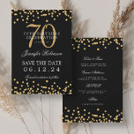 Gold Black 70th Birthday Save the Date & Details Invitation<br><div class="desc">Elegant "70th Birthday Party" design with faux glitter confetti & details text. Easy to use and easy to personalise. Order Today!</div>